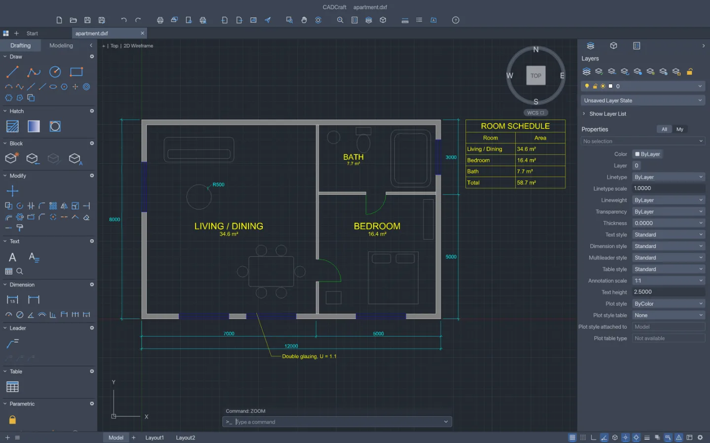 CADCraft showing a technical drawing with geometry, dimensions and drafting panels
