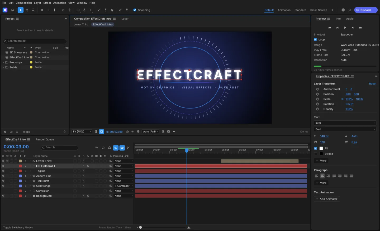EffectCraft showing an animated composition, project panel, layer timeline and properties