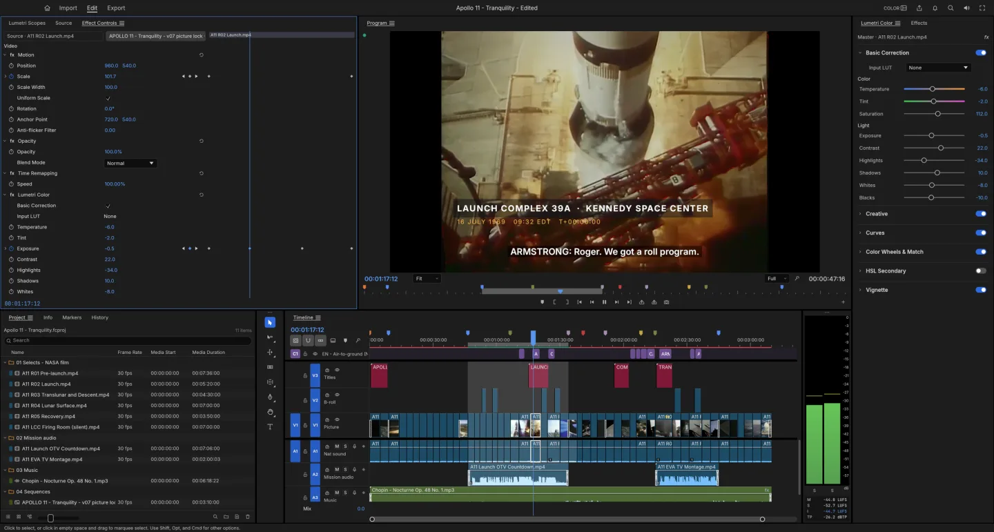 FilmCraft video editor with a program monitor, clip timeline and editing panels