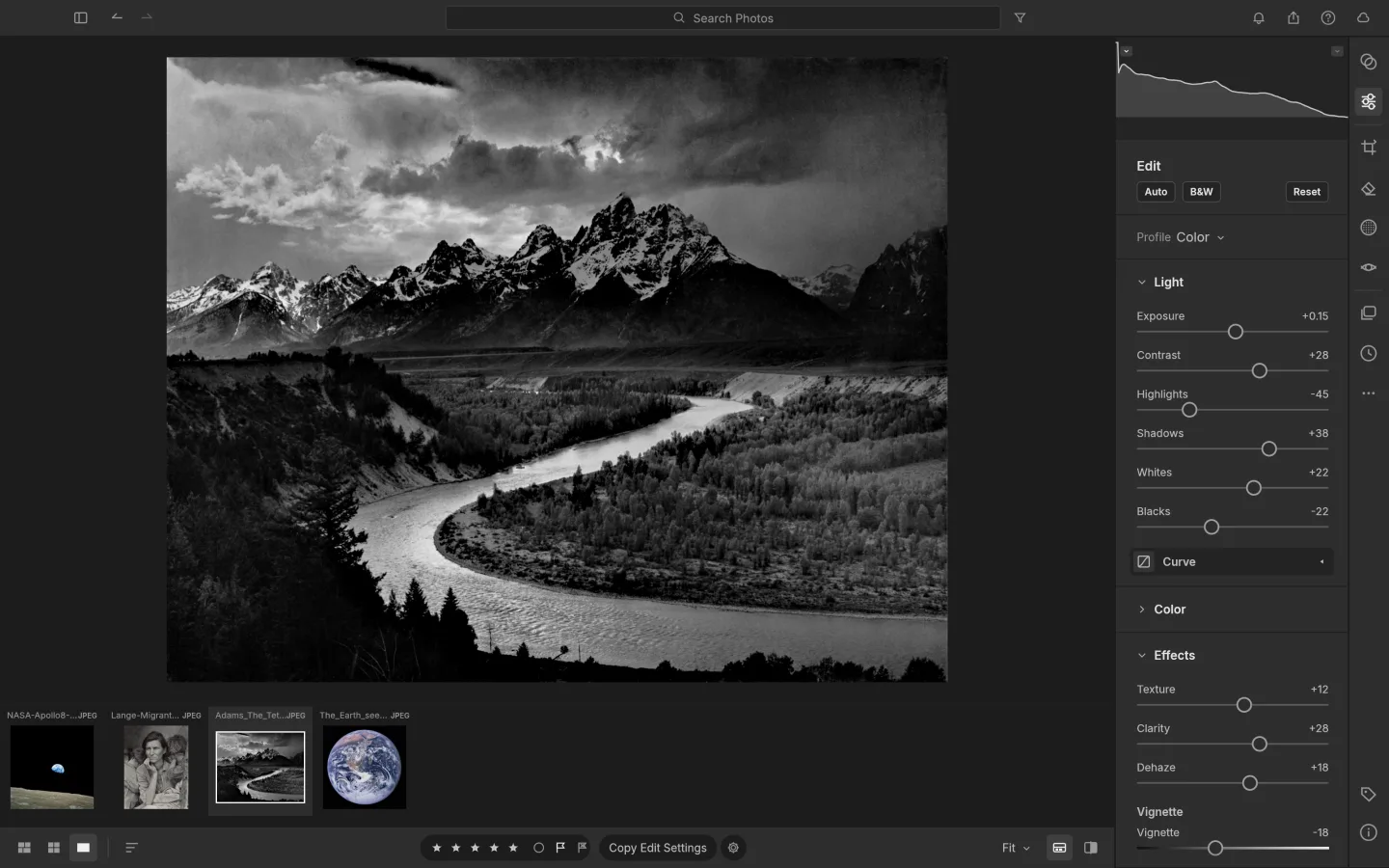 LightCraft developing Ansel Adams' Tetons photograph with Light and Effects controls and a filmstrip
