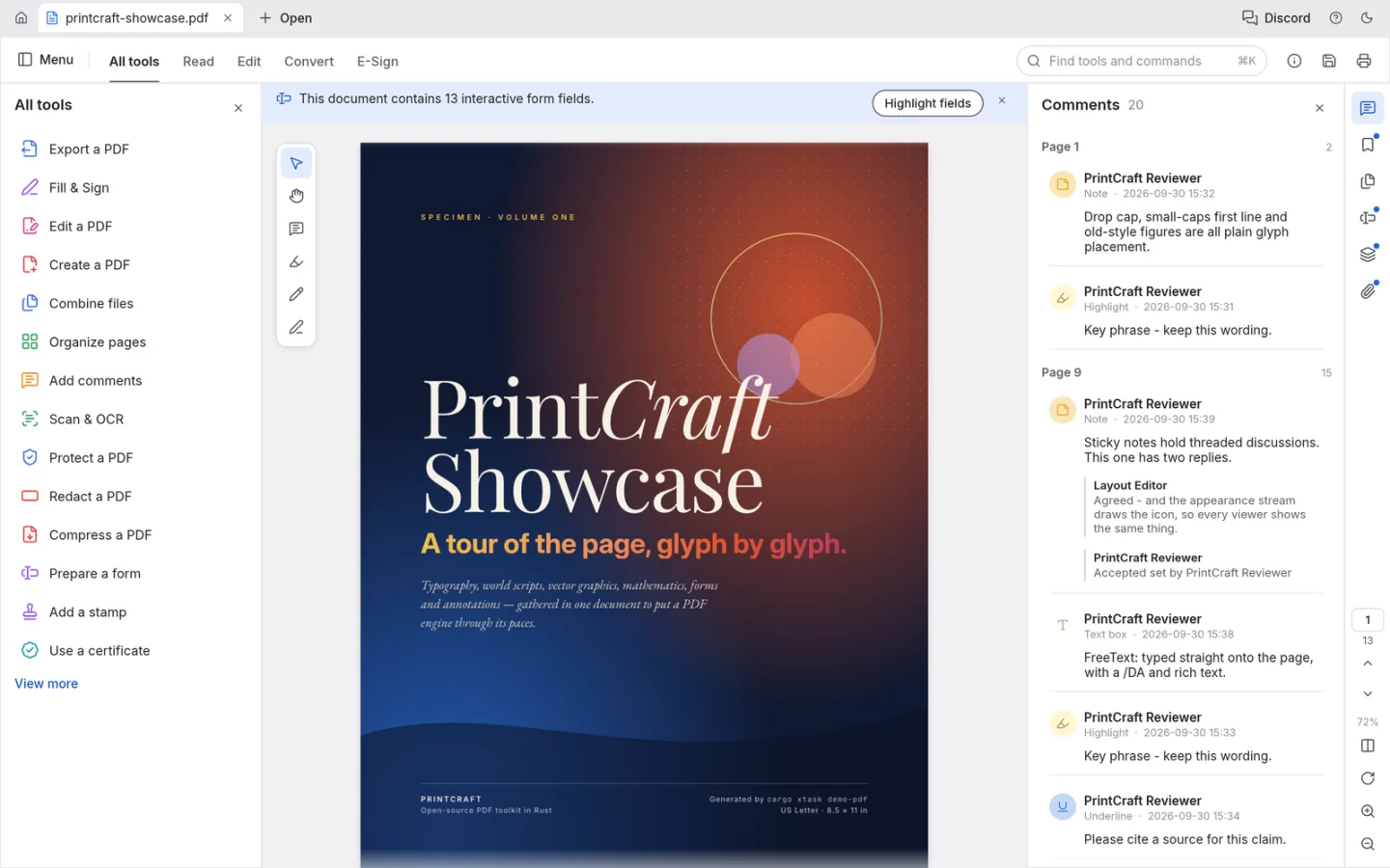 PdfCraft showing a showcase PDF with document tools and a threaded comments panel