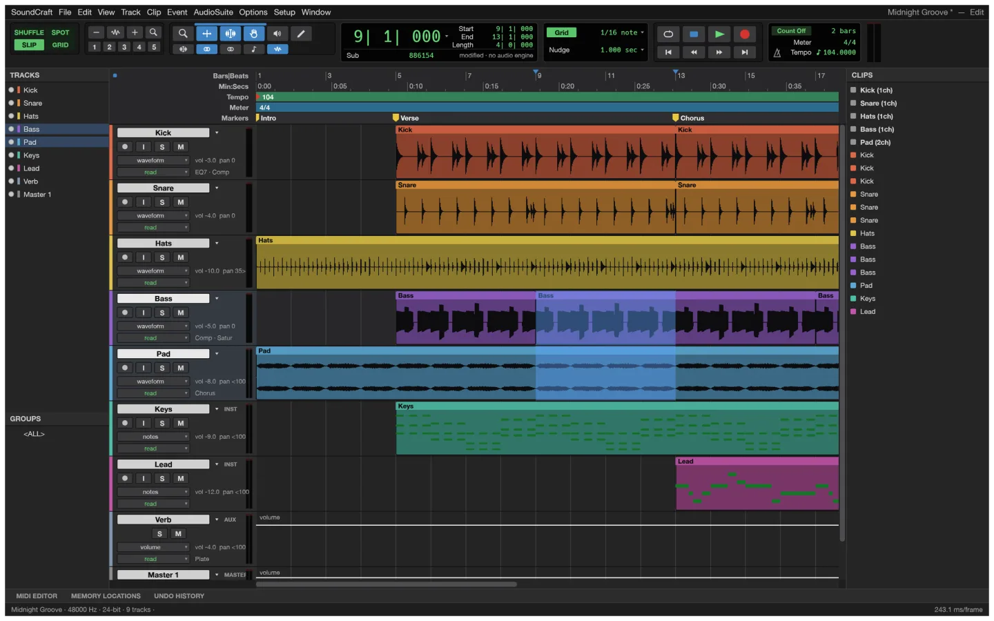 SoundCraft audio workstation showing a multitrack session and mixer controls
