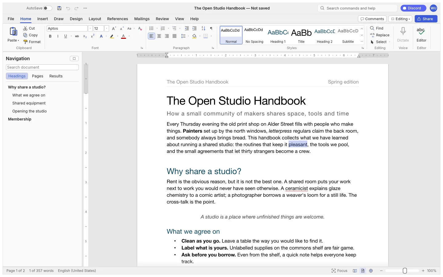 WordCraft document editor with a formatted page, ribbon and document navigation